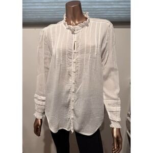 Quince Organic Textured Cotton Peasant Blouse White Ruffle Boho Pintuck Lace/M